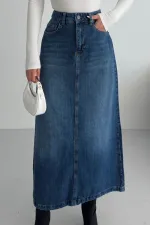 Long Denim Skirt 1082-01-(36-42-6) Dark Blue Denim
