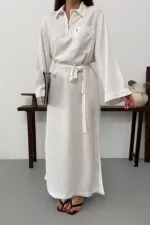 Belted Long Denim Dress 3035-51-(S-XL) Cream White