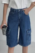 Mid Length Denim Shorts with Pocket Detail 2026-27-(36-42-6) Rinsed Blue