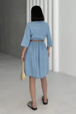 Büzgü Detaylı Kısa Kot Elbise 3040-15-(S-XL)