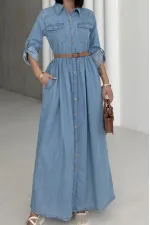 Düğmeli Uzun Kot Elbise 3041-25-(S-XL) Düğmeli Uzun Kot Elbise 3041-25-(S-XL)