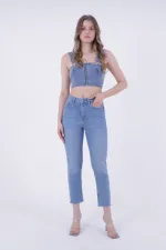 Fringe Ending High Waisted Mom Fit Jean 764-15-(26-29) Light Blue Denim