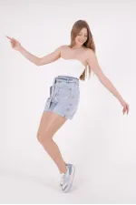 Elasticated Waist Denim Short with Belt 233-08-(S-XL-6) Snow Light Blue Elasticated Waist Denim Short with Belt 233-08-(S-XL-6) Snow Light Blue