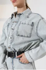 Buttoned Mini Denim Dress 3027-08-(S-L-3) Snow Light Blue