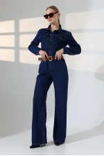 Gathered Denim Jumpsuit 3038-26-(S-L-3) Regular Dark Blue