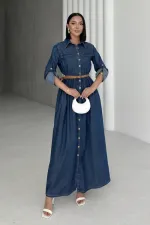 Düğmeli Uzun Kot Elbise 3041-26-(S-XL)