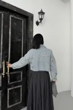 Taşlı Kısa Oversize Kot Ceket  6084-08-(S-L-5)