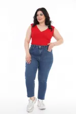 Fringe Ending High Waisted Mom Fit Jean  764-01-(32-36) Dark Blue Denim