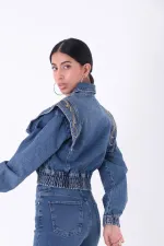 Denim Jacket with Embroidered Shoulder and Zipper Closure 1603-01-(SL-5) Denim Jacket with Embroidered Shoulder and Zipper Closure 1603-01-(SL-5)