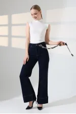 Palazzo Jeans with Hem Detail 7164-17-(27-32) Slubbed Navy Blue Palazzo Jeans with Hem Detail 7164-17-(27-32) Slubbed Navy Blue