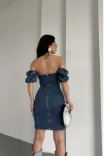 Kolları Lastikli Kısa Straplez Kot Elbise  3020-26-(S-L-5)