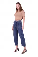 Beli Pileli Kot Kemerli Gevşek Kot Pantolon  1741-62-(26-31)