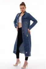 Ripped Long Denim Jacket 680-02-(S-XL) Dark Tinted Denim Ripped Long Denim Jacket 680-02-(S-XL) Dark Tinted Denim