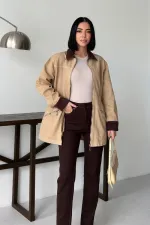 Velvet Piece Detailed Zippered Denim Jacket 6129-70-(S-XL) Camel