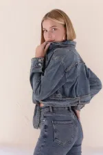 Short Denim Jacket with Belt on Waist 6026-62-(XS-M-5-3) Middle Blue - Tinted Short Denim Jacket with Belt on Waist 6026-62-(XS-M-5-3) Middle Blue - Tinted