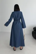 Düğmeli Uzun Boy Kot Elbise 3047-26-(S-XL)