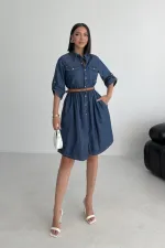 Büzgü Detaylı Kısa Kot Elbise 3040-26-(S-XL)