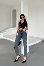 Mom Jean with Decorative Parts on Pockets and Hems 7023-28-(26-31) Dark Blue Snow Denim