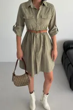 Büzgü Detaylı Kısa Kot Elbise 3040-74-(S-XL)