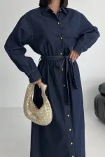 Buttoned Classic Long Denim Dress 3034-17-(S-XL) Slubbed Navy Blue