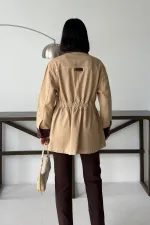 Velvet Piece Detailed Zippered Denim Jacket 6129-70-(S-XL) Camel