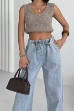 Elastic Waist Palazzo Jean 7076-08-(S-XL) Snow Light Blue