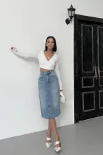 Mid Length Denim Skirt with Triangle Detail  1041-15-(XS-XL) Light Blue Denim