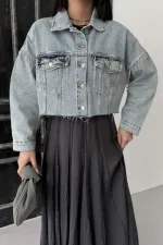 Short Oversize Denim Jacket with Rhinestones 6084-08-(S-XL-6) Snow Light Blue Short Oversize Denim Jacket with Rhinestones 6084-08-(S-XL-6) Snow Light Blue
