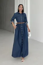 Düğmeli Uzun Kot Elbise 3041-26-(S-XL)