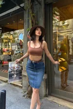 Classic Mid Length Denim Skirt  1039-01-(40-42-2) Dark Blue Denim