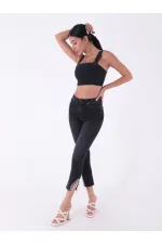 High Waisted Mom Jean with Rhinestones on Leg Hems Sides 1881-23-(26-31) Regular Anthracite High Waisted Mom Jean with Rhinestones on Leg Hems Sides 1881-23-(26-31) Regular Anthracite
