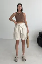 Linen Elasticated Waist Shorts HS201-65-(XS-L) Stone