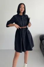 Büzgü Detaylı Kısa Kot Elbise 3040-73-(S-XL)