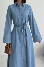 Düğmeli Uzun Boy Kot Elbise 3047-27-(S-XL)