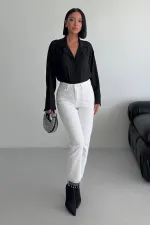 Fringe Ending High Rise Mom Fit Jean with Rhinestones on Legs 1890-50-(26-31) White