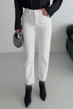 Fringe Ending High Rise Mom Fit Jean with Rhinestones on Legs 1890-50-(28-33) White