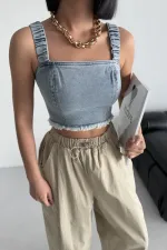 Askılı Fermuarlı Kot Büstiyer 410-08-(XS-L-5-2) Kar Yıkama Açık Mavi
