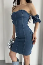 Kolları Lastikli Kısa Straplez Kot Elbise  3020-26-(S-L-5)