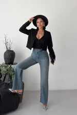 Relaxed Trousers with Stone Embellished Decorative Pockets 7213-62-(27-32) Middle Blue - Tinted