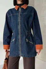 Velvet Piece Detailed Zippered Denim Jacket 6129-26-(S-XL) Regular Dark Blue