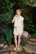 Linen Shorts Skirt  HS200-65-(S-XL) Stone