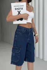 Mid Length Denim Shorts with Pocket Detail 2026-26-(36-42-6) Regular Dark Blue