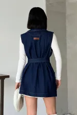 Belted and Cross Over Collar Denim Vest 6137-26-(S-XL) Regular Dark Blue