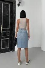 Classic Mid Length Denim Skirt  1039-15-(42-46) Light Blue Denim