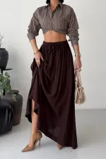 Elasticated Long Skirt HS131-78-(S-L-3) Brown
