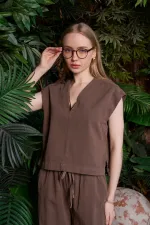 V Neck Linen Blouse HS608-78-(S+L+4) Brown
