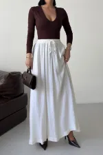 Elasticated Long Skirt HS131-51-(S-L-3) Cream White