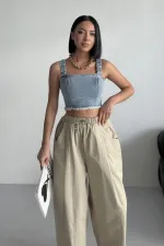 Askılı Fermuarlı Kot Büstiyer 410-08-(S-XL-6) Kar Yıkama Açık Mavi