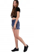 Ripped Denim Short with Fringe Leg Ending 219-62-(S-XL-6) Middle Blue - Tinted Ripped Denim Short with Fringe Leg Ending 219-62-(S-XL-6) Middle Blue - Tinted