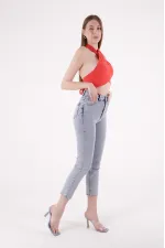 Fringe Ending High Waisted Mom Fit Jean  764-08-(30-36) Snow Light Blue